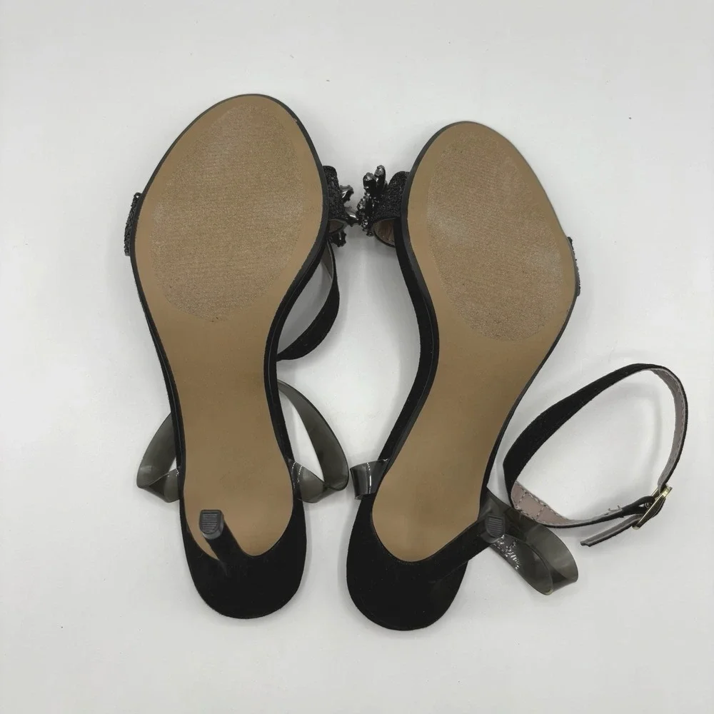 BETSY JOHNSON Alyna Heels Women's Size 6.5-7‎ Black Embellished Ankle Strap NWOB